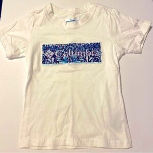 Columbia white t shirt sequin reversible logo girl’s kids XS 6